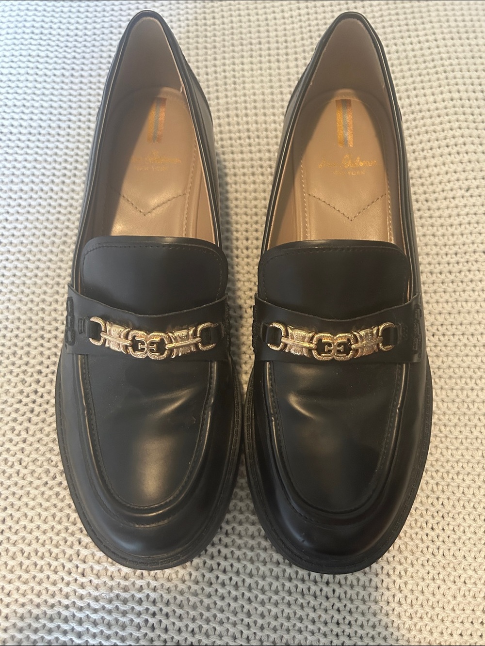 Sam Edelman Black Leather Women's Loafers with Gold Chain Accent